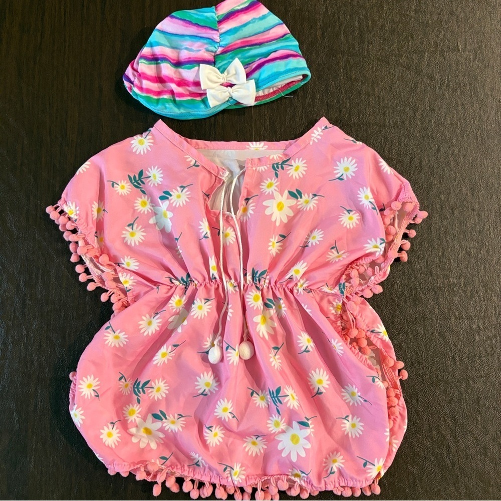 Baby Pink Floral Swim Coverup and Swimcap